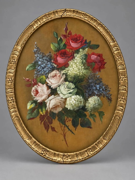 Stilleven met bloemen. Olie op paneel., Schilderijen & Tekeningen, Hout, Glas (foto 7 van 7)