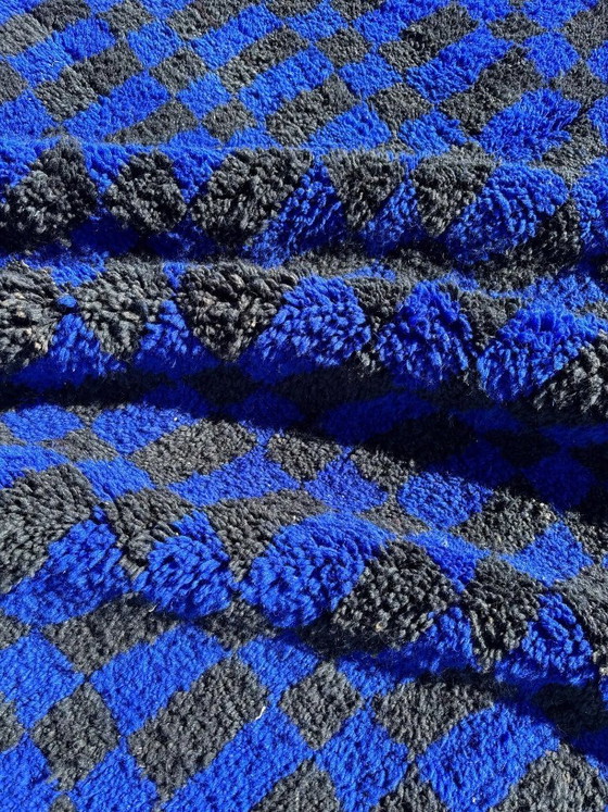 Image 1 of Handmade Moroccan Rug – Black & Blue Checkered Wool Carpet | Geometric Checkerboard Area Rug | Boho Vintage Style Home Decor