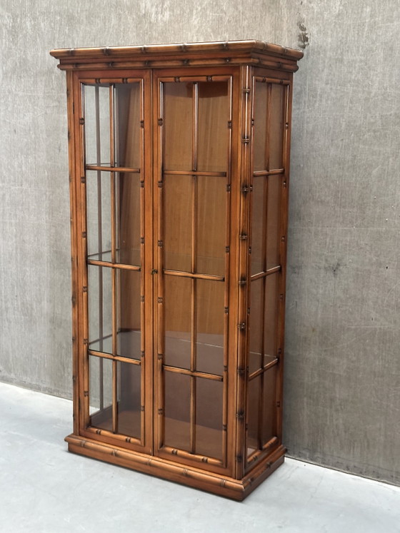 Vintage display cabinet with faux bamboo details 80s, Glass, Wood, Brown (photo 7 of 7)