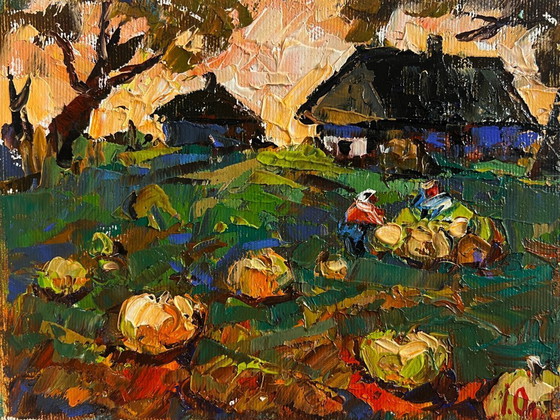 Image 1 of Original Oil Painting Autumn Houses Landscape Autumn vegetable gardens