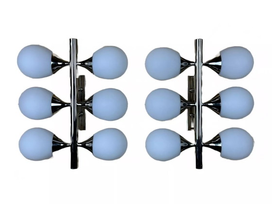 Image 1 of 2x 60s 70s 6-flame Sputnik wall lights from Kaiser Leuchten opal glass