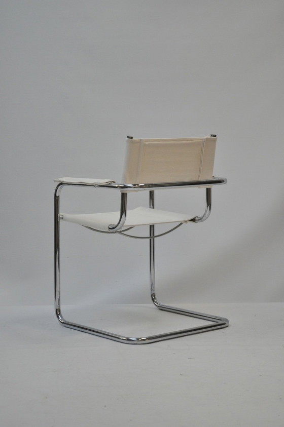 Image 1 of Set van 4 sledeframe stoelen – chroom & linnen (Chioccarello Lino) – herbekleed