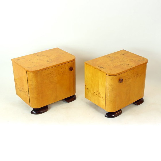 Image 1 of Art Deco Bedside Tables In Root Veneer, Czechoslovakia 1940s