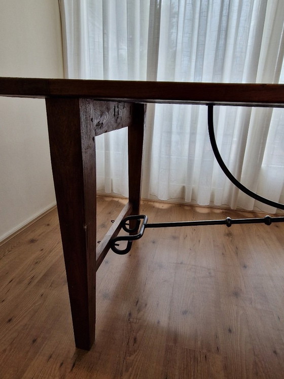 Antique Spanish Trestle Dining Table - Solid Wood & Wrought Iron (200x89 cm) (photo 3 of 9)