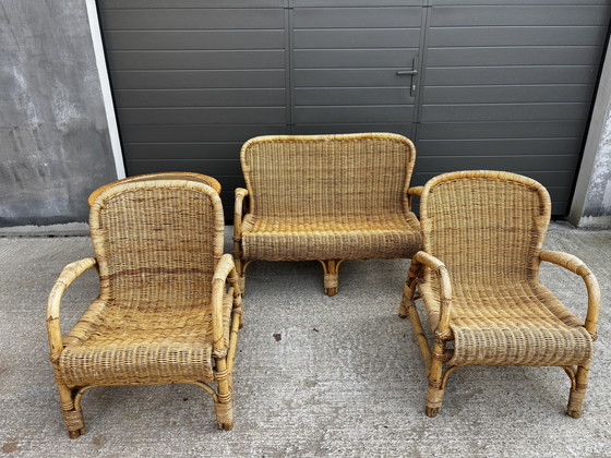 Image 1 of Vintage rotan tuinset – bank, 2 fauteuils en salontafel (jaren 70) 