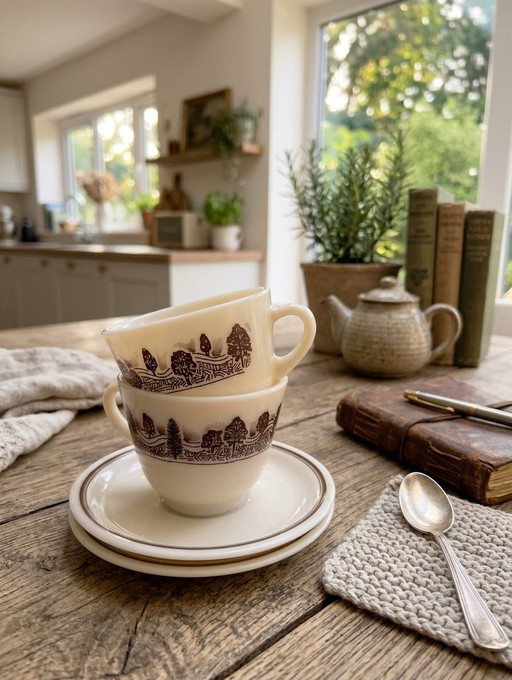2 cups / saucers opaline glass bucolic decor, JAJ Pyrex England