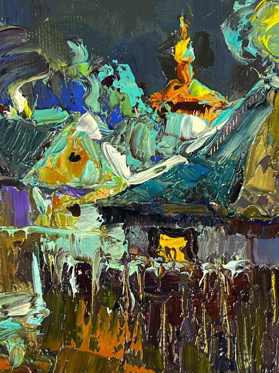 Image 1 of Peinture à l'huile originale représentant un paysage champêtre nocturne au clair de lune dans un village