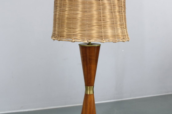 Image 1 of 1960s Parker Knoll Wooden Table Lamp with wicker shade, Britain