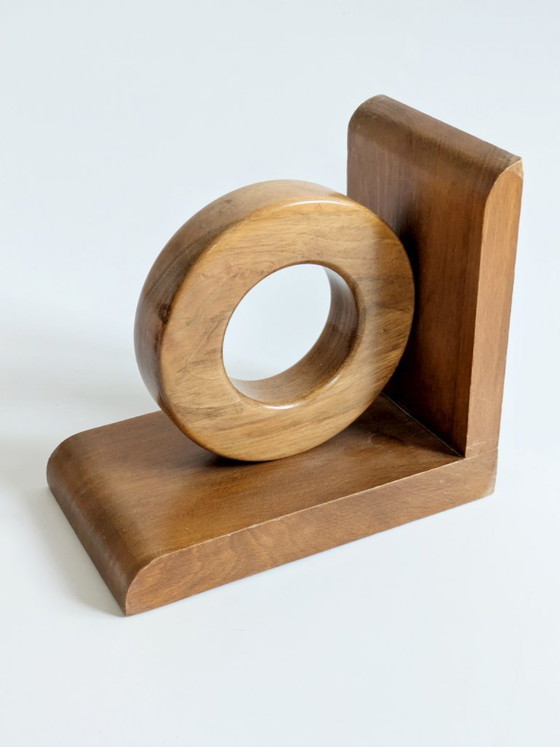 Image 1 of Midcentury Wooden Bookends Pair, Bauhaus Art Deco Style Hoop Design, Sculptural Shelf Decor