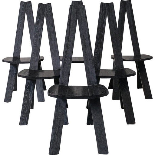 Set of 6 vintage French black dining chairs by Pierre Chapo, 1970s
