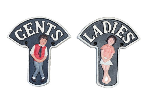 Set of two nostalgic cast iron toilet signs