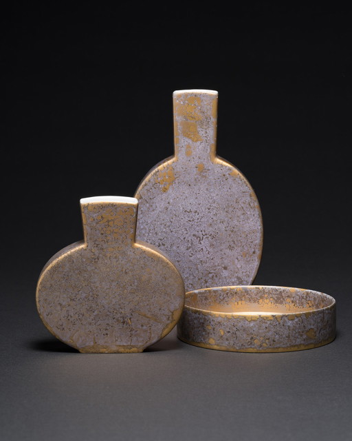 Ensemble en porcelaine allemande Helmut Drexler Rosenthal GOLDFEUER : vase duo et bol