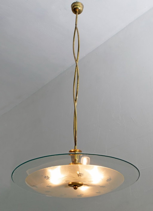  Attributed to Luigi Brusotti Mid-century Italian Glass and Brass Chandelier