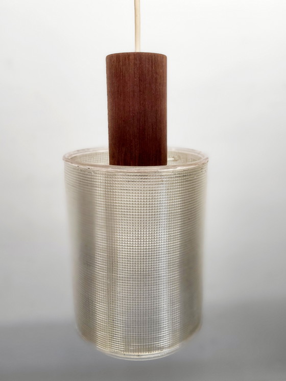 Image 1 of Lampe pendante vintage, style scandinave, bois et plexiglas gaufré, années 1980