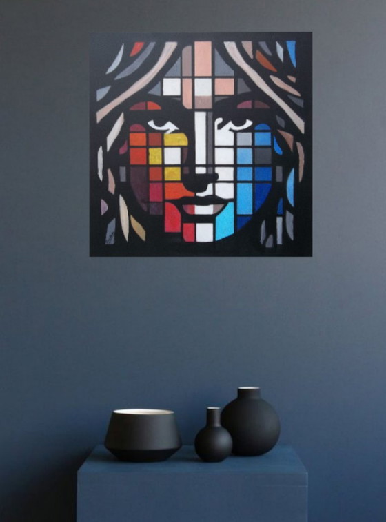 Image 1 of Abstract schilderij van de schilder 2Luss'Art – Geometrisch portret – 60 x 60 cm