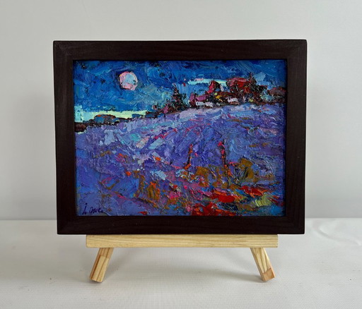 Original Oil Painting Night Field Landscape Moonlit night in the field