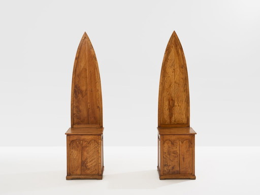 Andrea Salvetti pair of neo-gothic chairs solid pine 1994