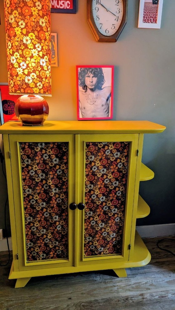 Image 1 of Upcycled vintage bar cabinet in yellow and floral print – 70s style