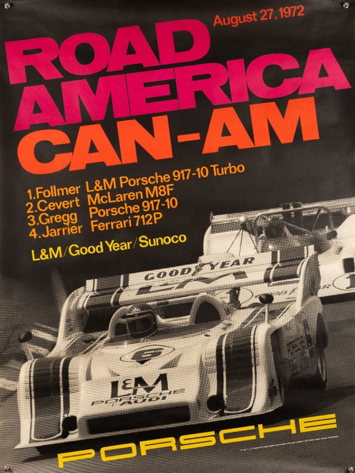 Porsche Road America Can-Am 1972 – Originele vintage Porsche poster van Atelier Strenger – Mid-Century Modern – 102x76 cm