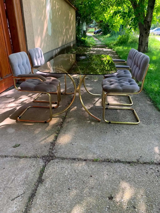 Brass Velvet Dining Set: Modern Glass Table, Tufted Chairs, Luxury Home Decor (photo 8 of 9)