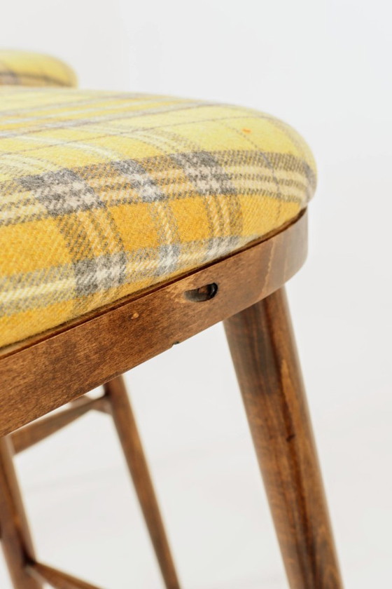 Image 1 of Mid century modern bar stools yellow tartan plaid wool rustic wood set of 3