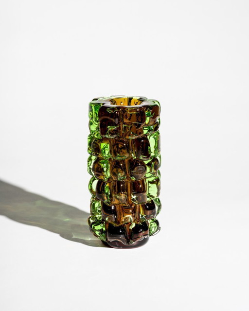 Skrdlovice “Ananas” Vase by František Vízner, 1971 Amber & Green Czech Art Glass