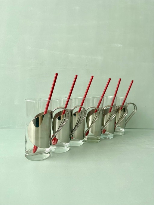 6x Bodum glazen Denemarken jaren 70/80 postmodern vintage design roestvrijstalen lepel rood