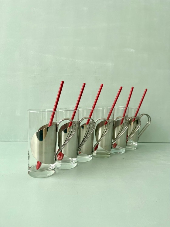 Image 1 of 6x Bodum glazen Denemarken jaren 70/80 postmodern vintage design roestvrijstalen lepel rood