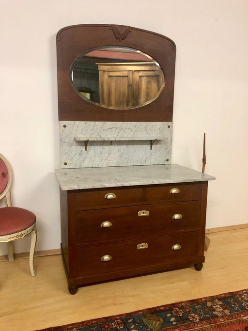 Jugendstil Kommode / Art Deco Kommode / Waschtisch / Schminktisch / Spiegelkommode mit Marmorplatte und facettiertem Spiegel um 