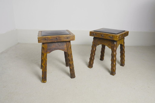 Rustic Oak Stools, 1940s French Hand-Carved Farmhouse Milking Stools, Fireplace Chalet Mountain Decor with Studded Leather Seats