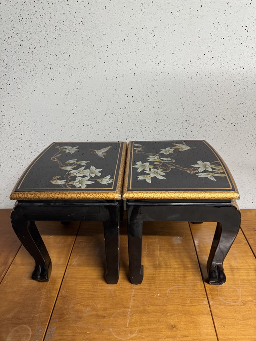 Elegant Set of 2 Oriental Side Tables with Enchanting Painting