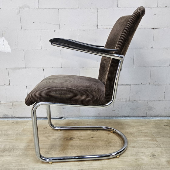 2x Vintage Toon De Wit (Gebroeders De Wit) Stoelen Met Leuningen Beige Ribstof (1940s) Dutch Design (photo 3 of 15)