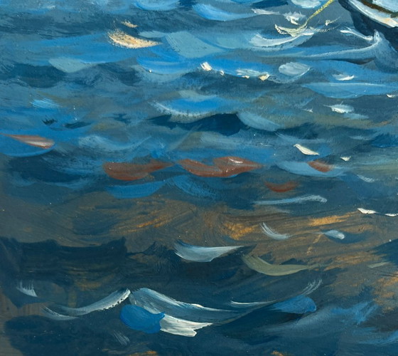 Image 1 of Origineel olieverfschilderij: Avondlandschap aan de rivier. 's Avonds in een boot.