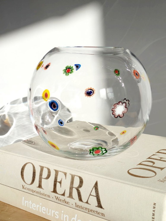 Image 1 of 1990s Leonardo Millefiori Ball Glass Vase, German Art Glass Murano Style Floral Inclusions