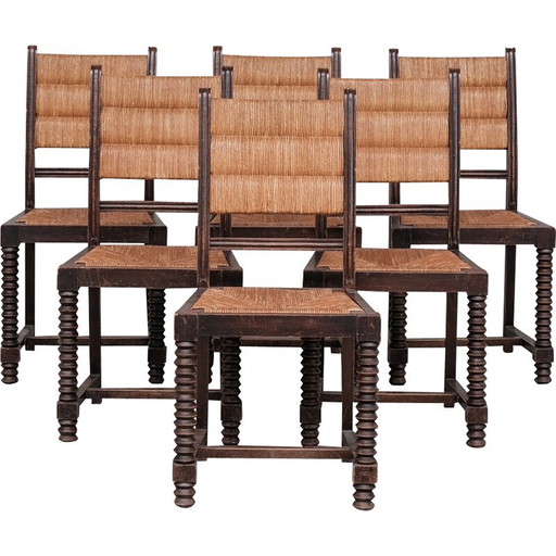Set of 6 rush mid-century dining chairs, France 1950s