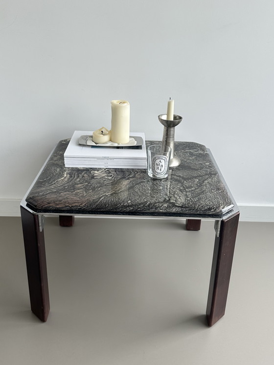 Image 1 of Table basse vintage en marbre métal chrome bois carré 70's