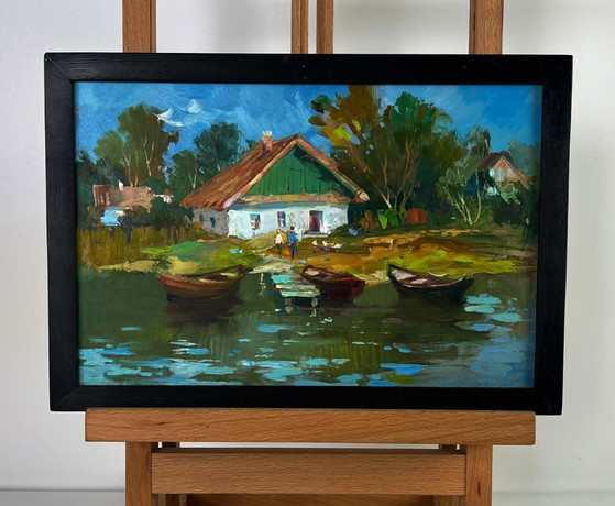 Image 1 of Origineel olieverfschilderij: Landelijk landschap, rivierboten bij het huis.