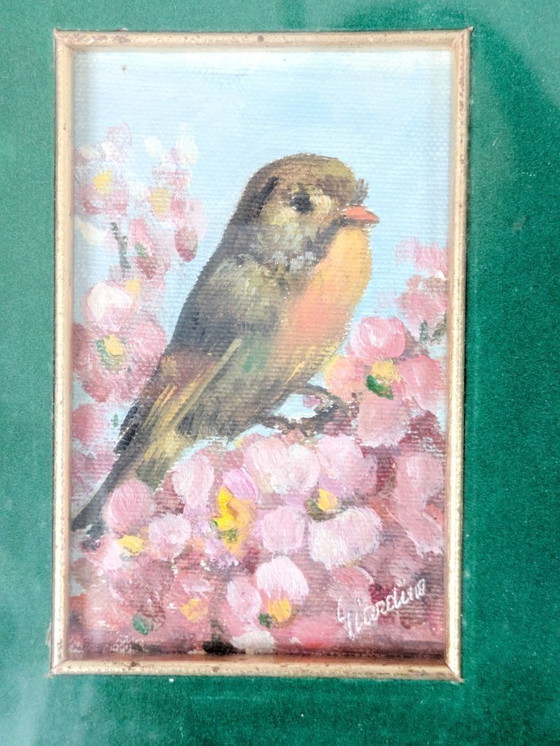 Image 1 of Vintage Robin Oil Painting, Blossoms, Green Velvet Mat, Signed