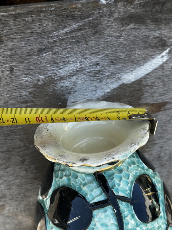 Image 1 of Trio di vasi Amphore Céramique Vallauris Turquoises/Noirs rehaussé d'Or H22cm