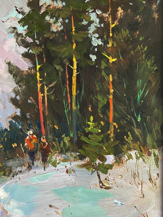 Image 1 of Peinture à l'huile originale, paysage naturel, pins enneigés, promenade dans la forêt hivernale
