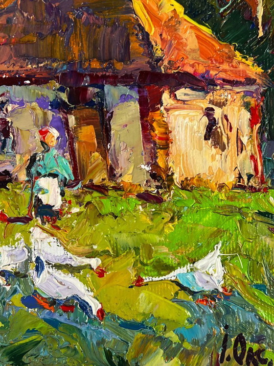 Image 1 of Original Oil Painting Rural Landscape Village Geese in the Yard