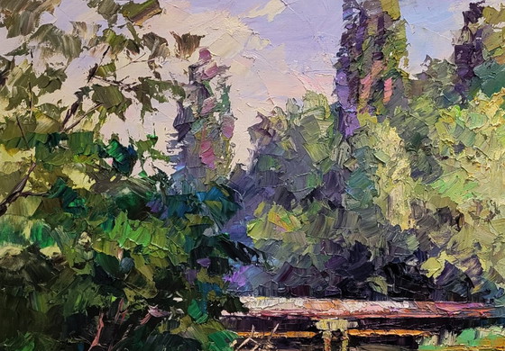 Original Oil Painting Summer Nature Landscape Bridge Alone With The River – Paintings & Drawings, Canvas (photo 4 of 7)