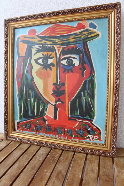 Portrait original à l'huile cubiste/abstrait vintage – Signé monogramme