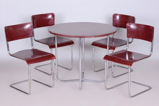 Juego de comedor original Bauhaus, de Hynek Gottwald, cromado, checo, década de 1930. – eetkamerset, Metal, Wood