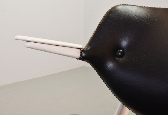 Image 1 of Louis van Teeffelen Dutch Design Pelican Arm Chair for Webe in Solid White Painted Teakwood and Black Leatherette. 