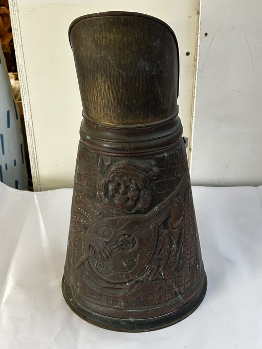 Antique carved copper charcoal and umbrella stand H 45 cm