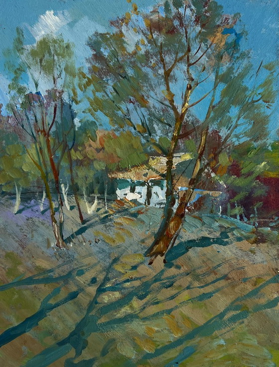 Image 1 of Origineel olieverfschilderij: Landschap bij een zomerhuisje in de schaduw van de bomen