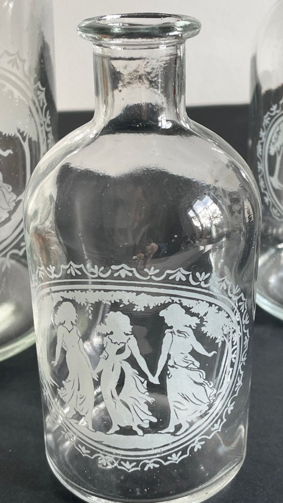 Image 1 of Vintage Engraved Glass and Wood Bottles
