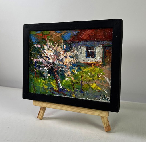 Original Oil Painting Village Day Landscape Petals under the warm spring sun