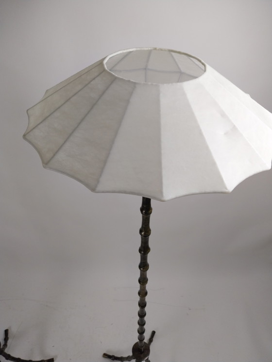 Image 1 of 1 x lot de 2 lampadaires en métal imitation bambou avec abat-jour cocon ELGO. Années 1970